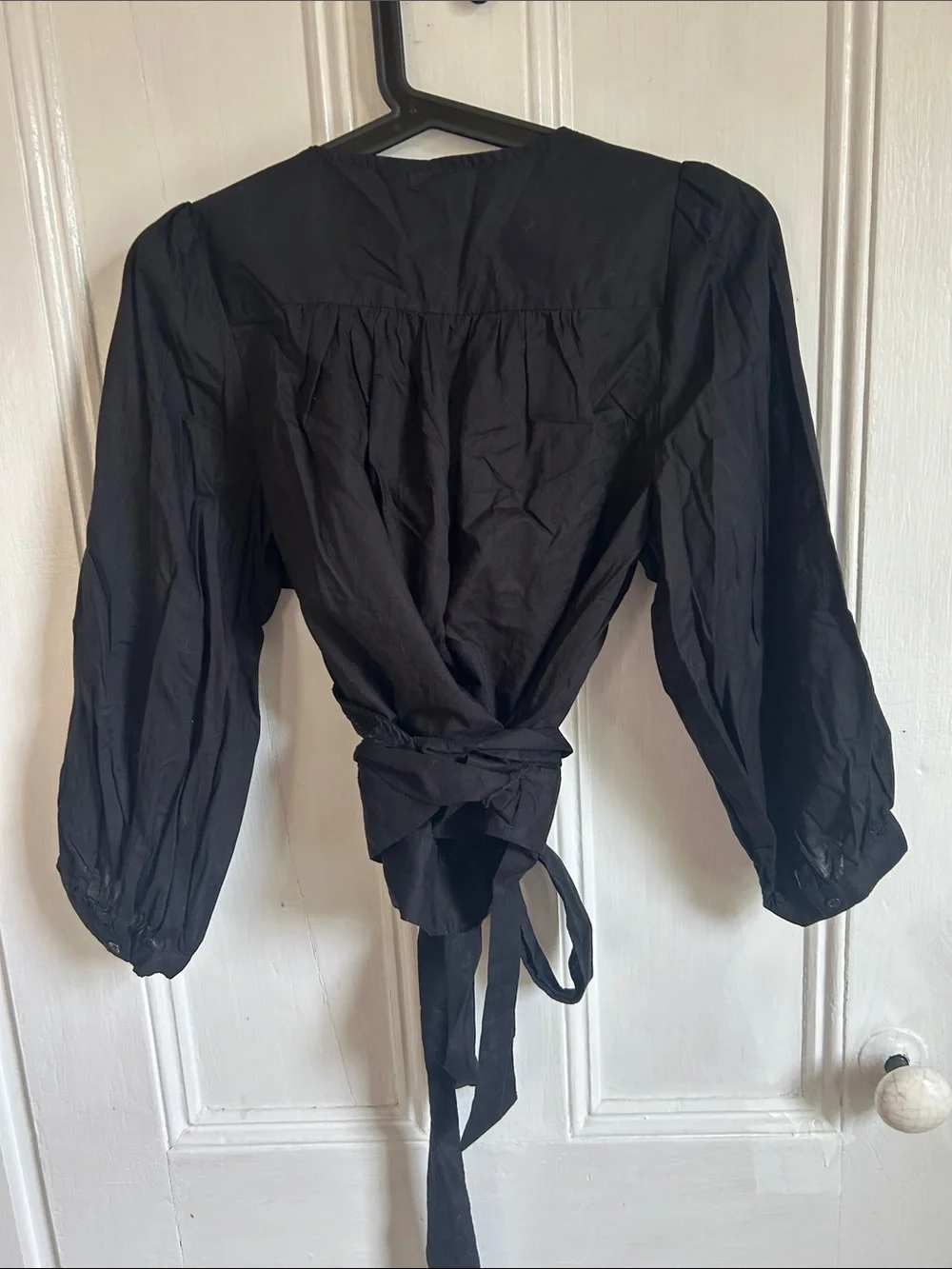 Banana Republic Black Wrap Tie Blouse with Puff Sleeves